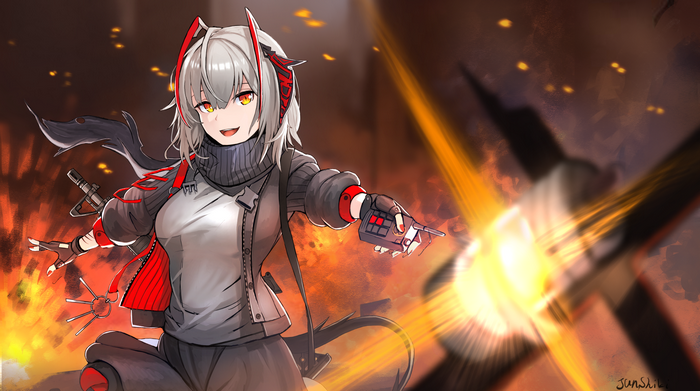 W from Arknights in an explosion
