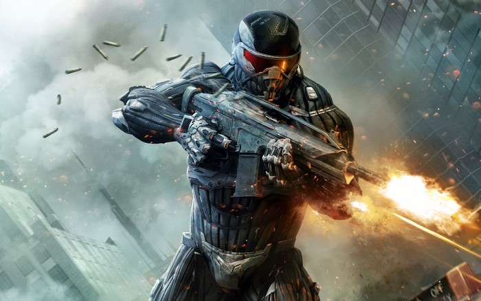 Soldier in Nanosuit firing assault rifle in Crysis 2