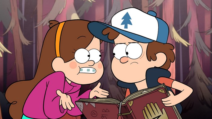 Mabel and Dipper Pines from Gravity Falls reading a journal