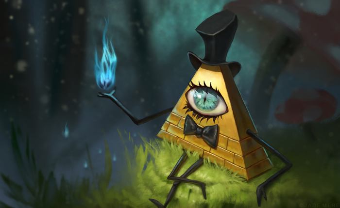 Bill Cipher from Gravity Falls holding blue fire