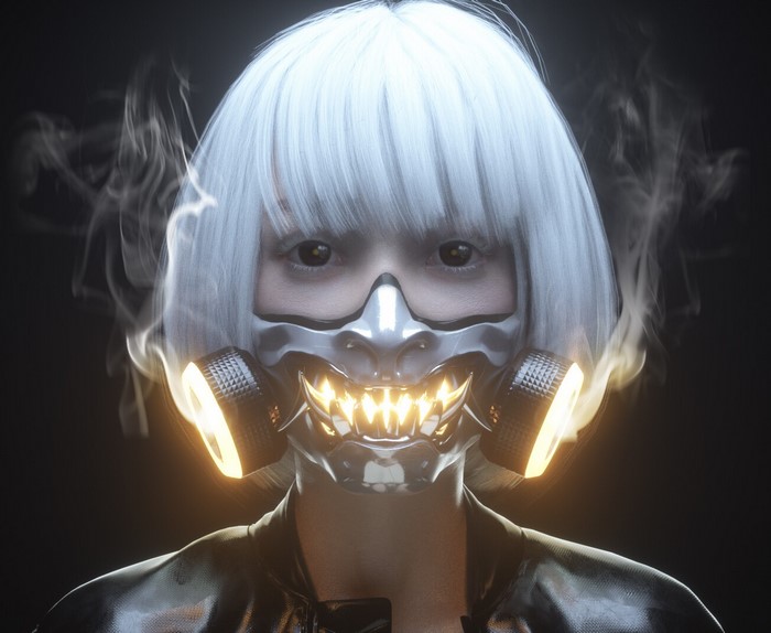 Cyberpunk character with glowing fangs and mask