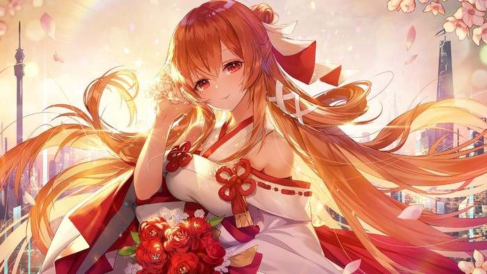 Anime girl with orange hair and red eyes in kimono