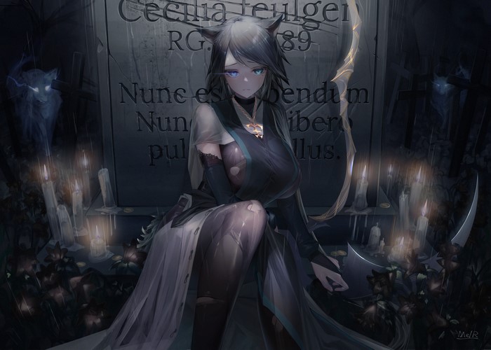 Anime girl with wolf ears sitting at a grave