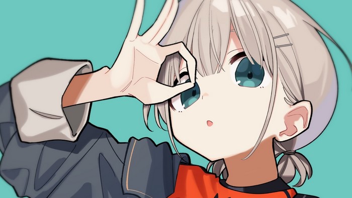 Anime girl with grey hair making OK sign