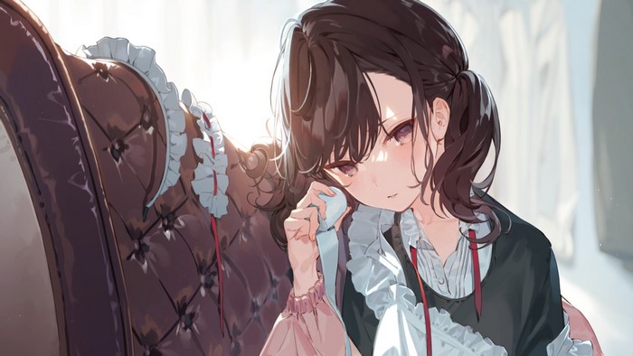 Anime girl with brown hair and purple eyes