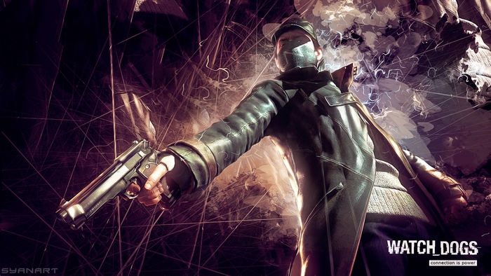 Aiden Pearce from Watch Dogs holding a gun