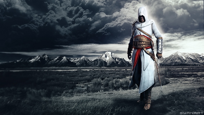 Altair from Assassins Creed in a mountainous landscape