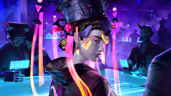 Cyberpunk Geisha in a neon-lit casino
