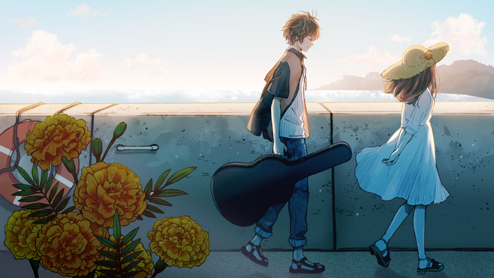 Anime couple walking by the sea with flowers