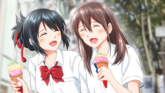 Mitsuha Miyamizu and Sakura Yamauchi eating ice cream