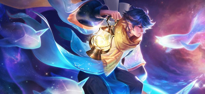 Anime boy with blue hair holding a lantern