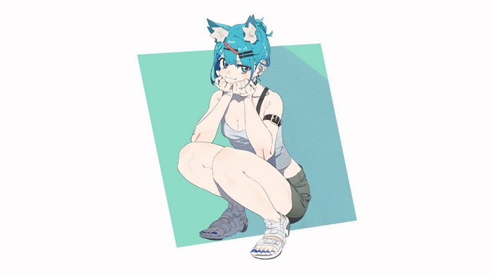 Anime girl with cyan hair and cat ears