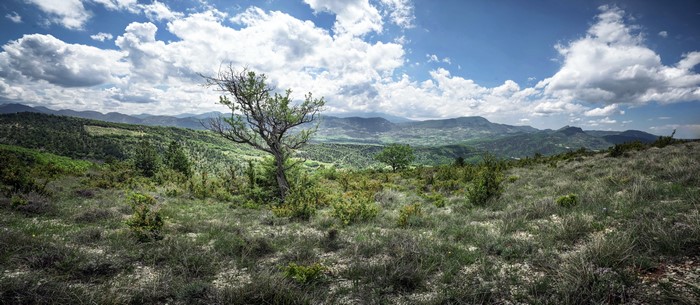 Panorama of rolling hills and mountains under a cloudy sky
