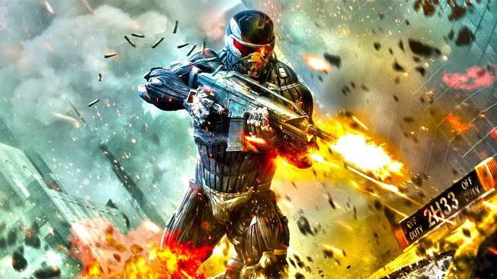 Soldier in Nanosuit firing assault rifle in Crysis 2