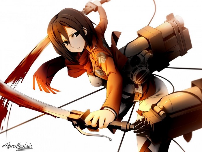 Mikasa Ackerman from Shingeki no Kyojin with bloody swords