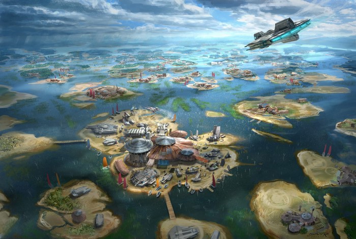 Science fiction planet landscape with islands and spacecraft