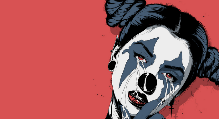 Woman with clown makeup and red eyes