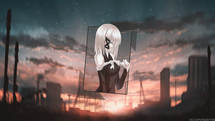 Anime girl in picture-in-picture with sunset cityscape