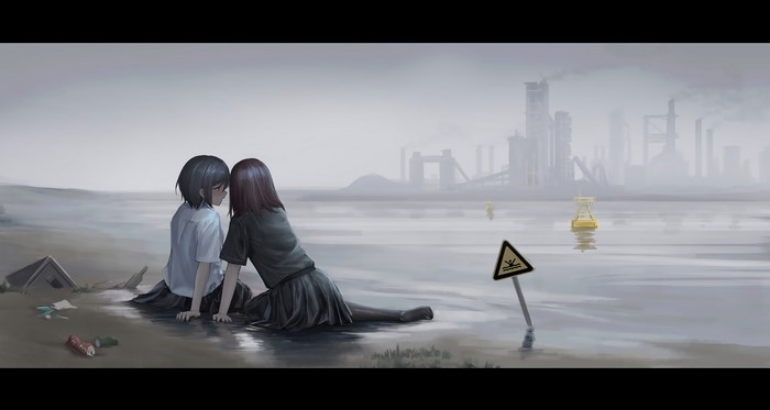 Anime girls by polluted sea with factory background