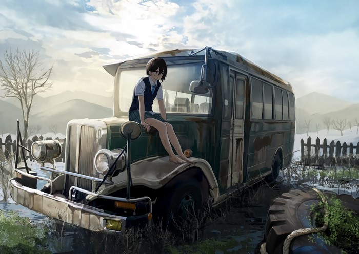 Anime girl sitting on abandoned bus in snowy landscape