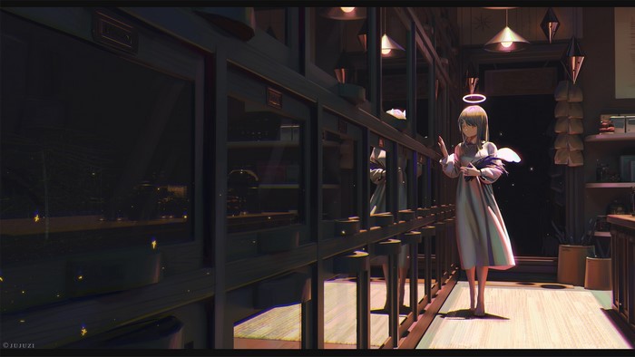 Anime girl with nimbus and wings holding a feather