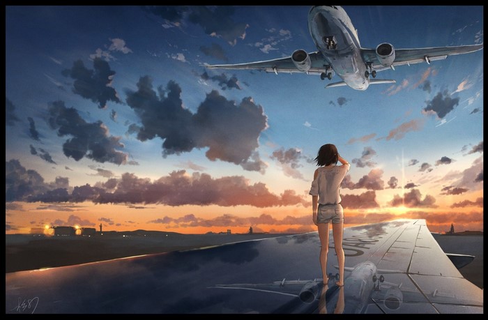 Anime girl on airplane wing watching another airplane