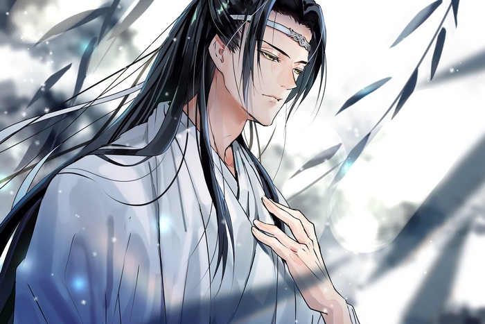 Lan Wangji in white robes with a silver headband