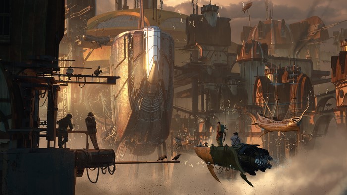 Steampunk cityscape with airships and people