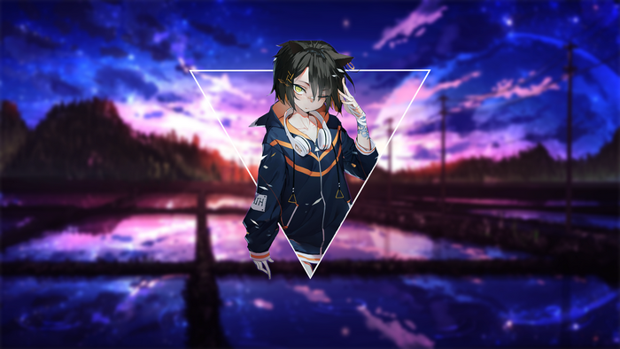Anime girl with headphones and green eyes