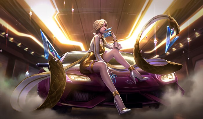 Evelynn from League of Legends K/DA with a car