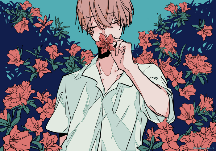 Anime boy smelling a flower surrounded by azaleas