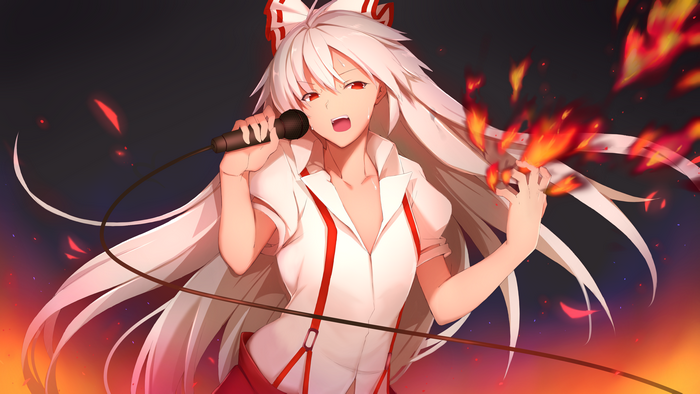 Fujiwara no Mokou from Touhou singing with fire