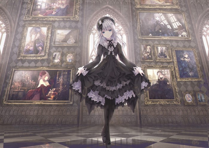 Anime girl with silver hair in gothic lolita dress in a gallery
