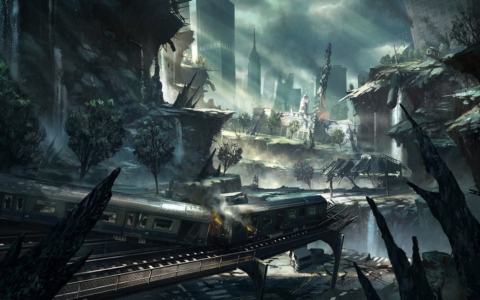 Post-apocalyptic city with wrecked train and waterfalls