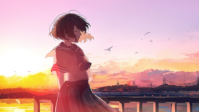 Anime girl in school uniform at sunset