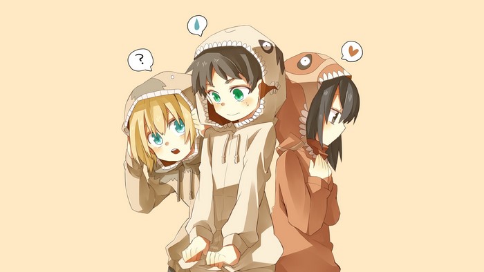 Armin, Eren, and Mikasa from Shingeki no Kyojin in dinosaur onesies
