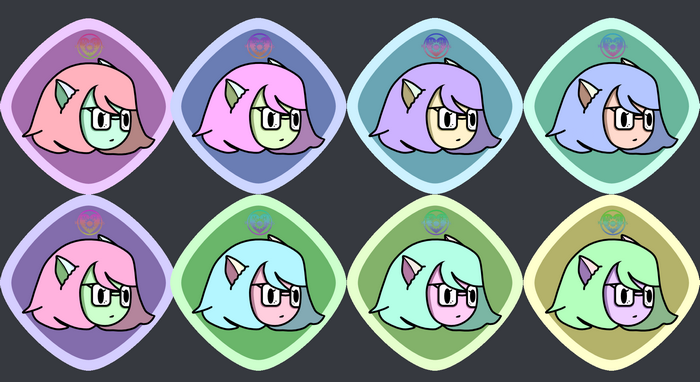 Eight avatars of a character with pink hair and glasses