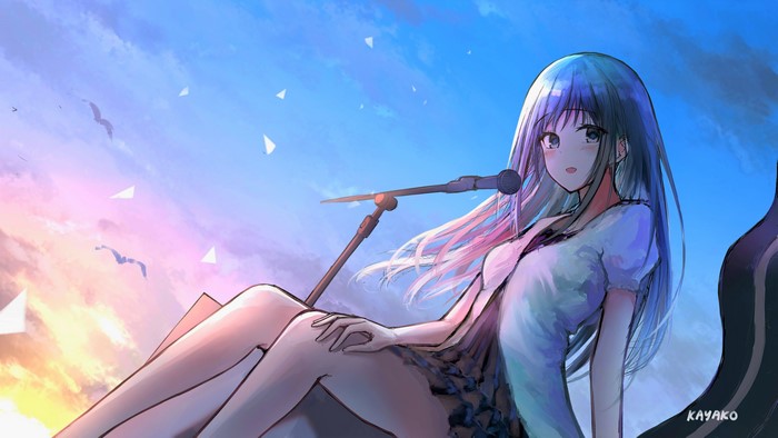 Anime girl with blue hair and microphone
