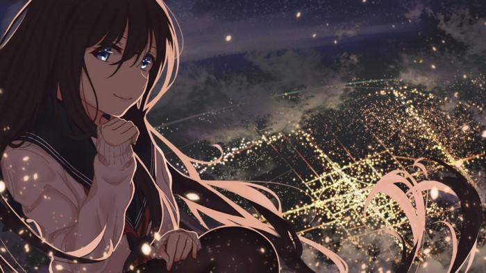 Anime girl with blue eyes and dark hair overlooking city lights