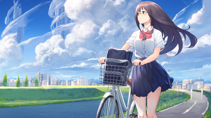 Anime girl with glasses riding a bicycle in a cityscape