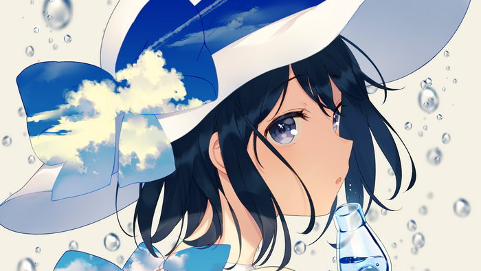 Anime girl with blue eyes wearing a hat with clouds