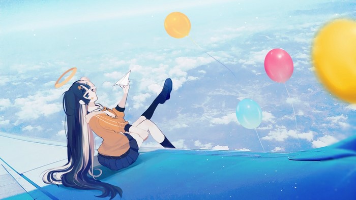 Anime girl with balloons and paper airplane above clouds