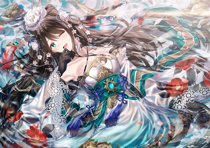 Anime girl in Japanese clothes with flowers and water