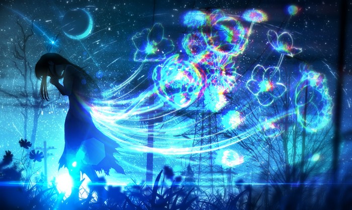 Anime girl with glowing flowers under a starry night sky