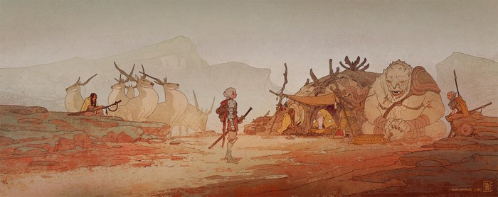 Fantasy art of a desert scene with creatures and people