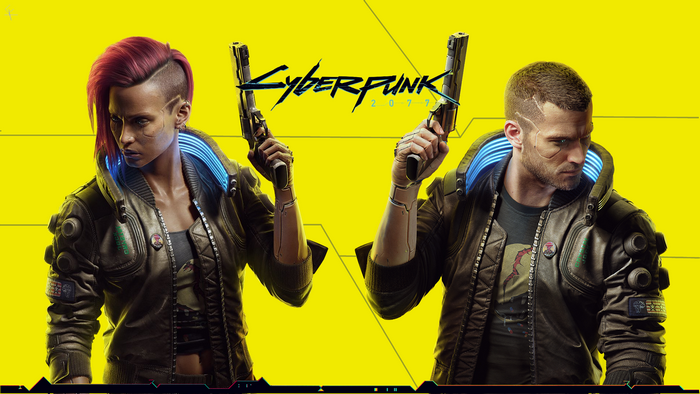 Cyberpunk 2077 characters with guns on yellow background