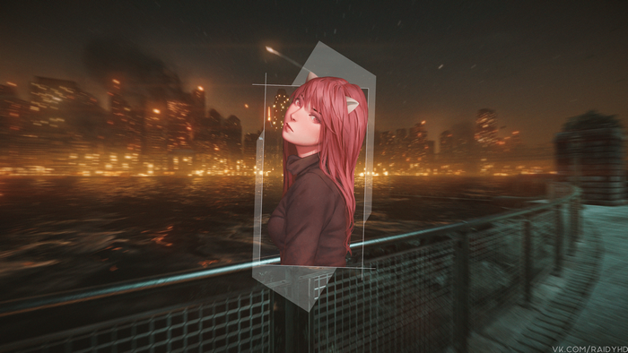 Lucy from Elfen Lied in a city at night