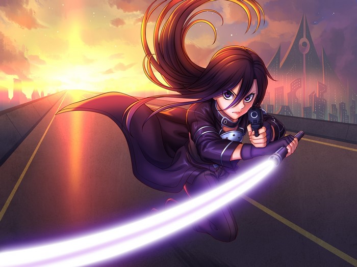 Asada Shino from Sword Art Online holding a gun and sword