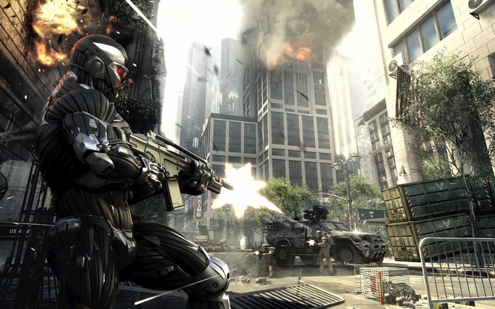 Soldier in Nanosuit firing weapon in destroyed city