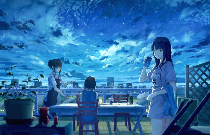 Anime girls on a balcony at night with city lights